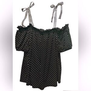 Polka Dot Top with Ruffle Detail, Gingham Shoulder Ties, Short Sleeve, Sz Large